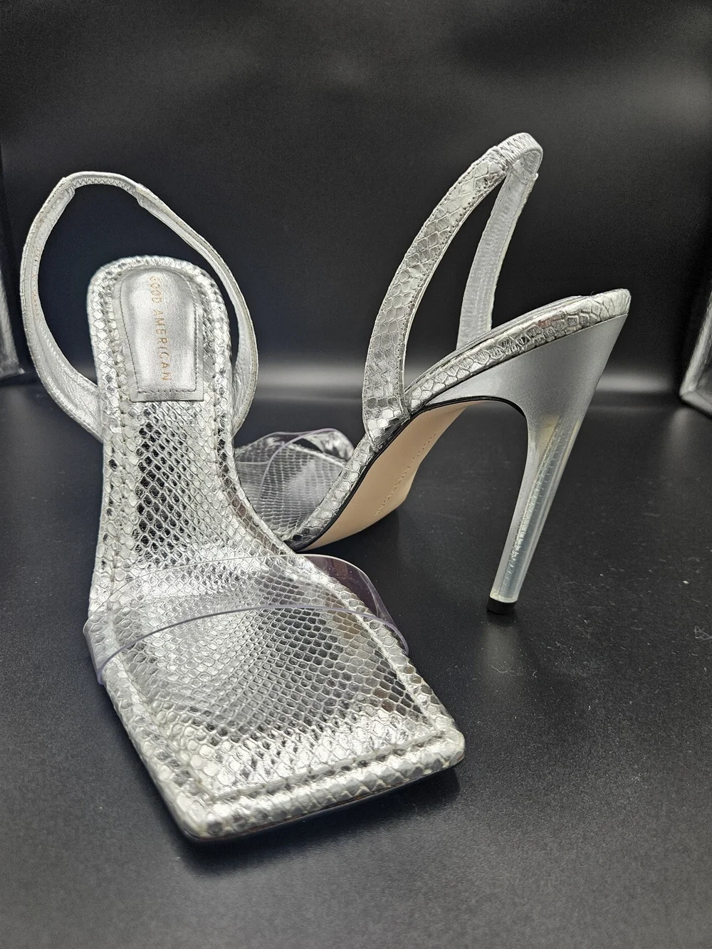 Good American Silver Snake Print Slingback Heels Clear Strap Stiletto Pumps 10.5